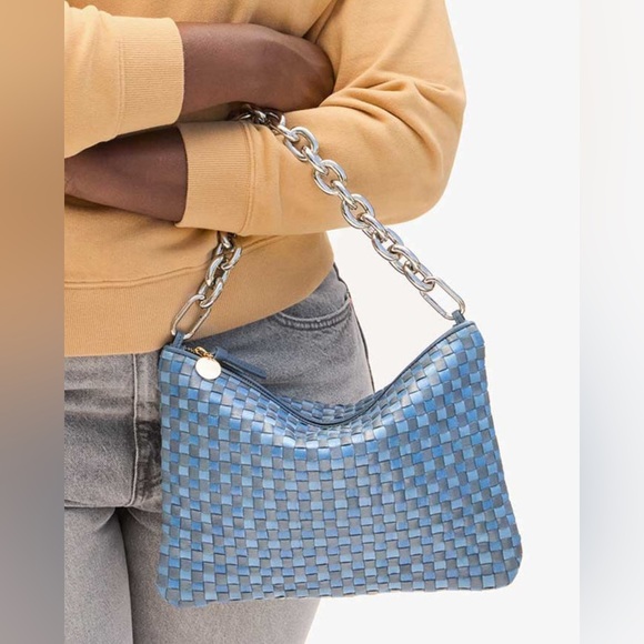 Clare V. Flat Clutch w/ Tabs Light Blue Woven Checker WITH CIAO STRAP - Picture 4 of 6